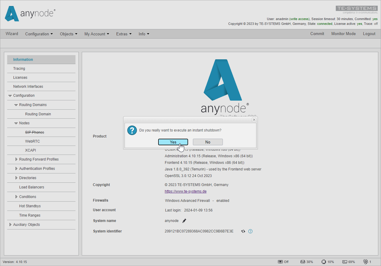 Screenshot: anynode frontend in configuration mode confirming instant shutdown