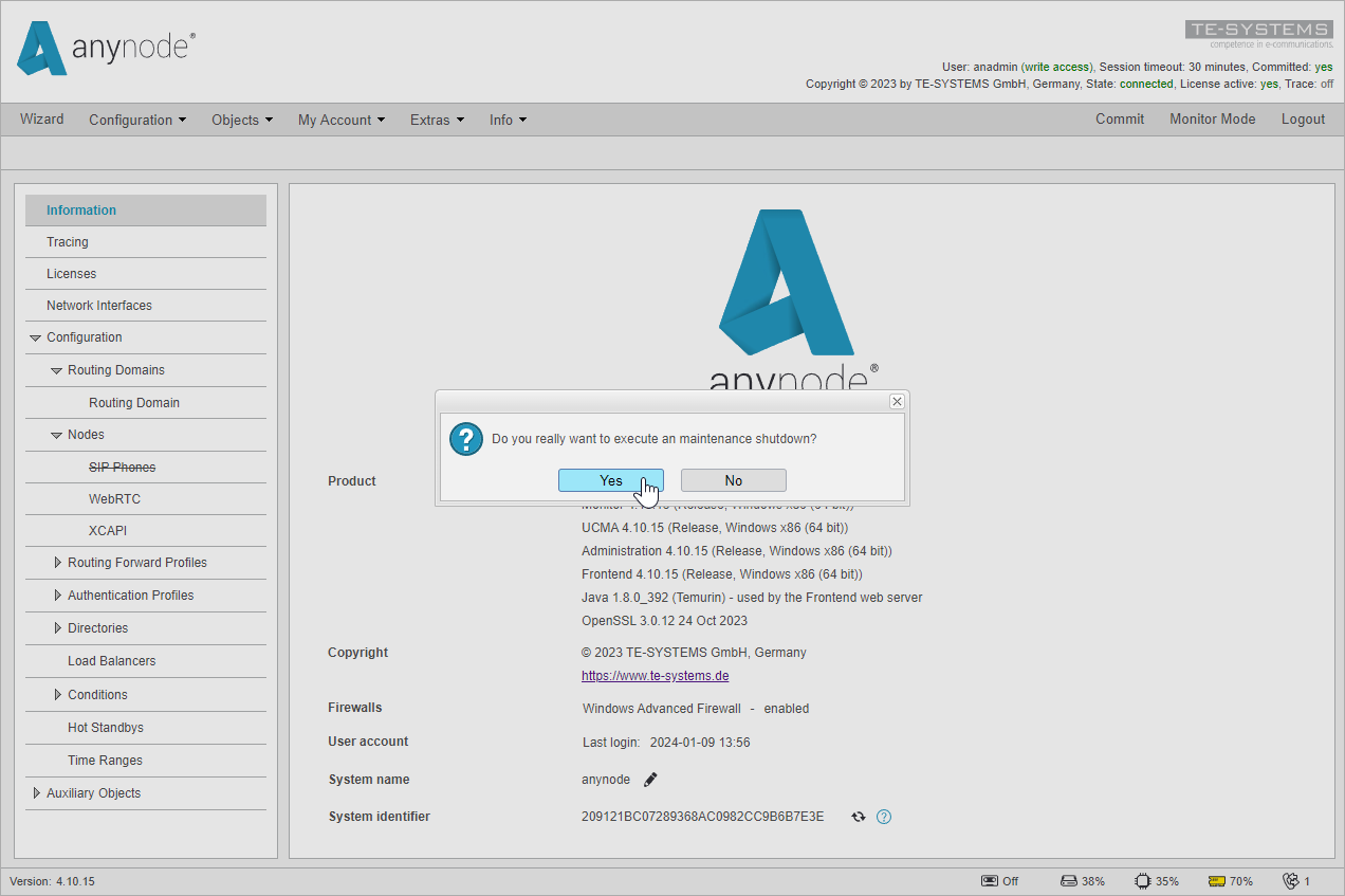 Screenshot: anynode frontend in configuration mode confirming maintenance shutdown