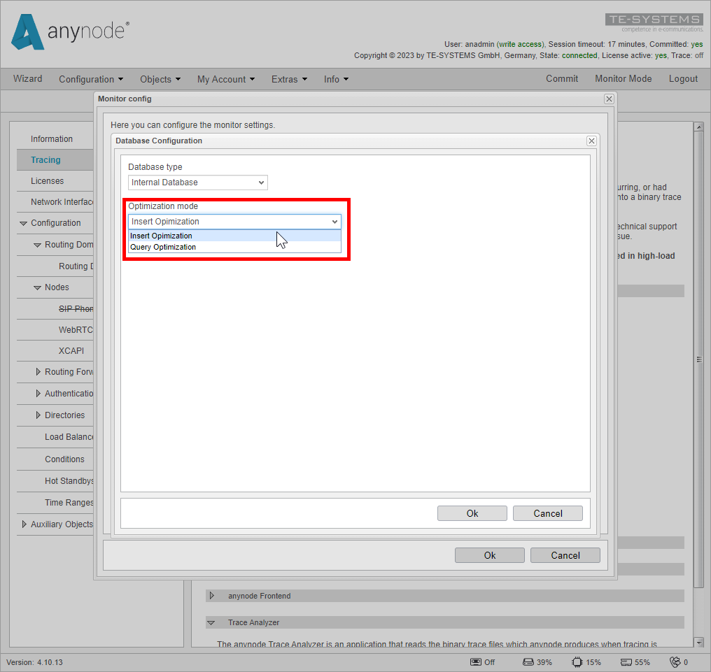 Screenshot: anynode frontend in configuration mode database optimization modes