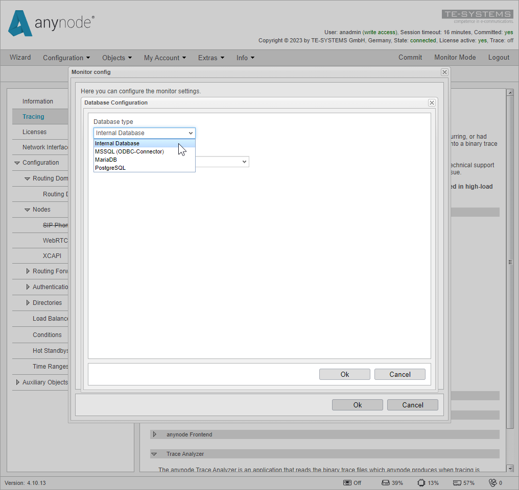 Screenshot: anynode frontend in configuration mode database types