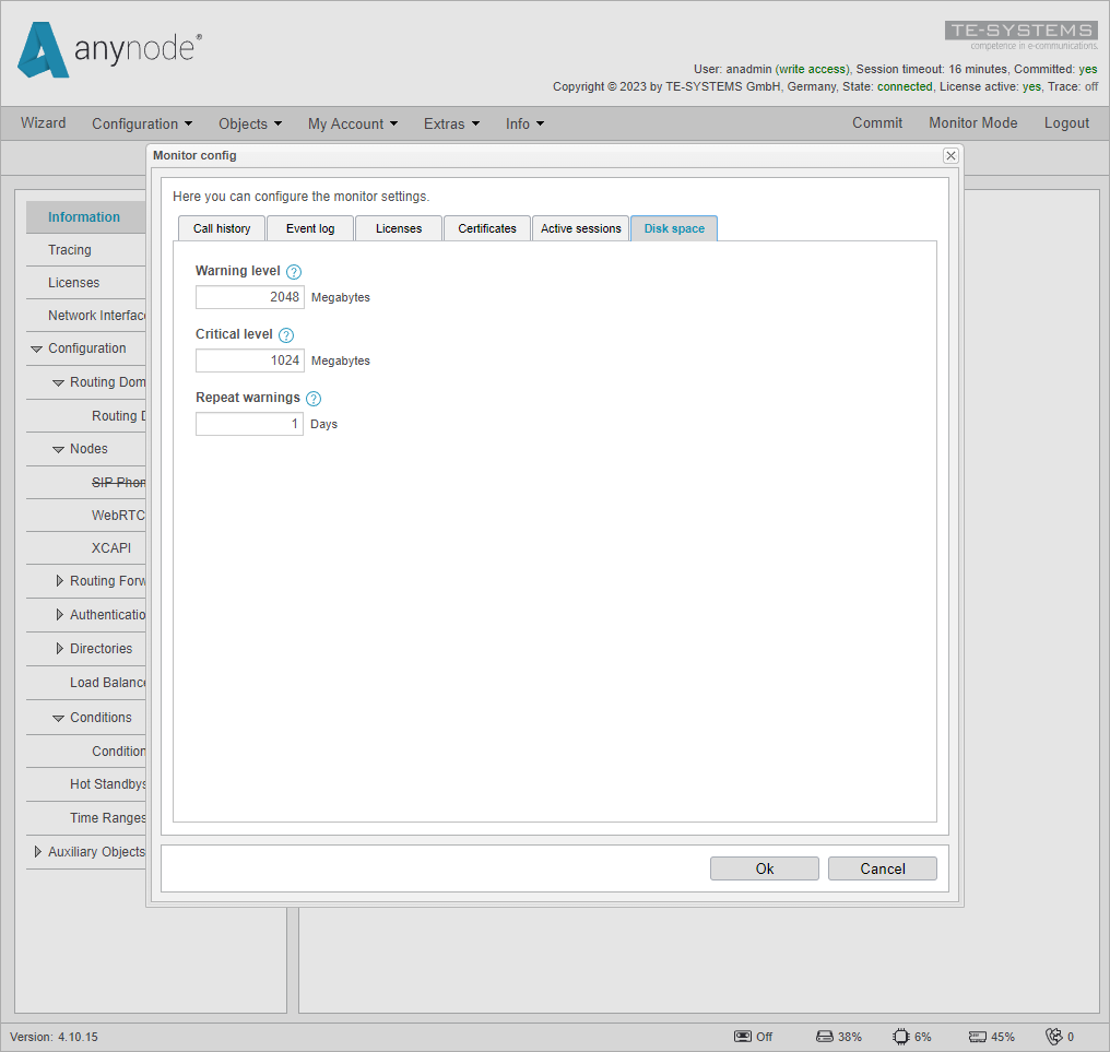 Screenshot: anynode frontend in configuration mode disk space warning settings