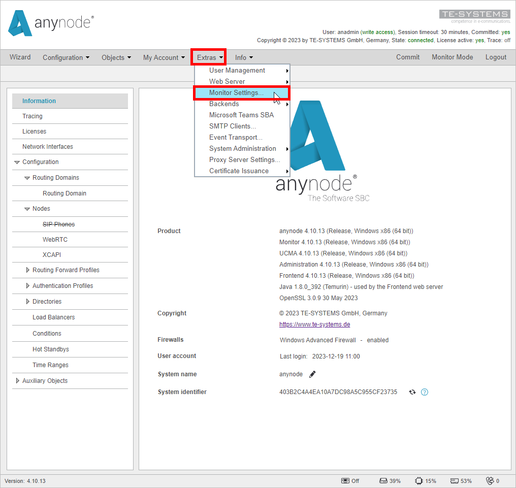 Screenshot: anynode frontend in configuration mode enter monitor settings