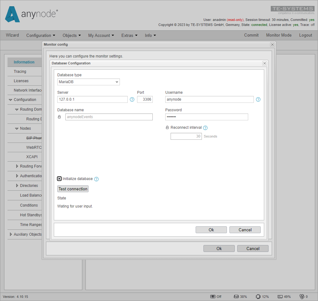 Screenshot: anynode frontend in configuration mode event log external mariadb