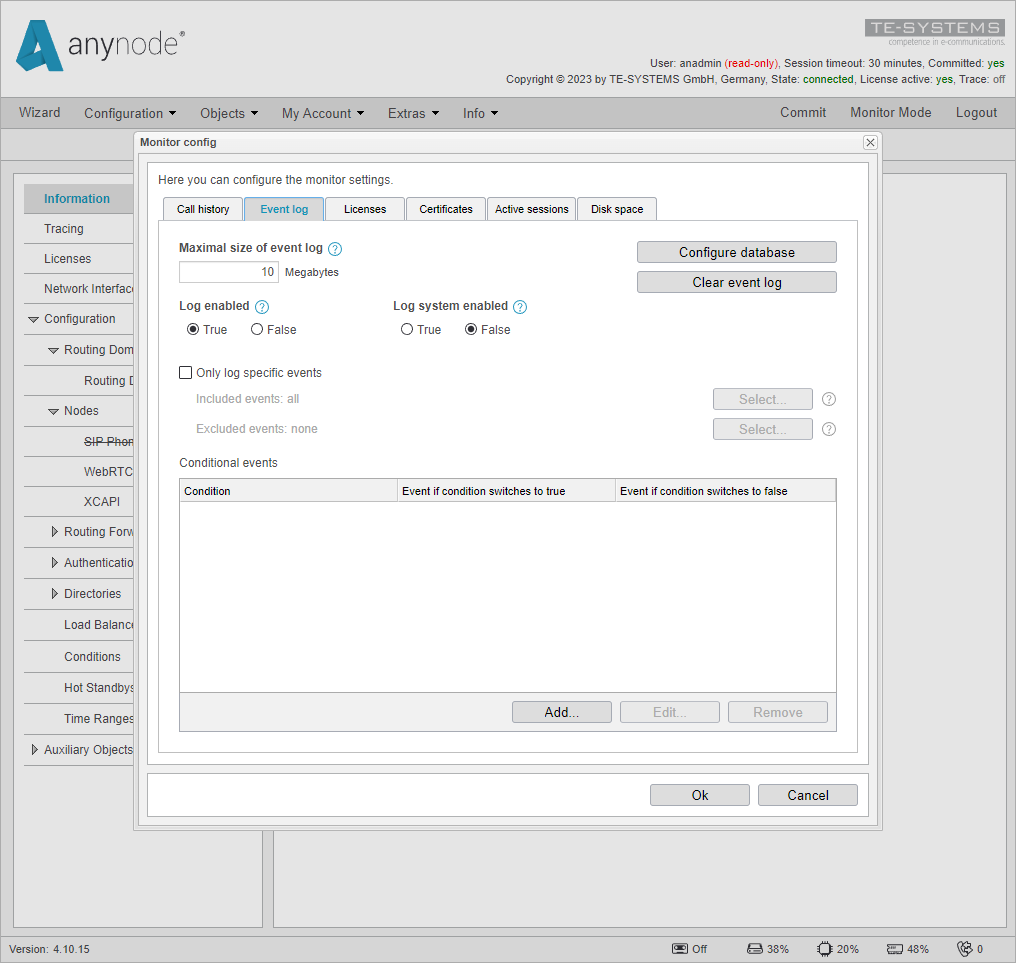 Screenshot: anynode frontend in configuration mode event log settings