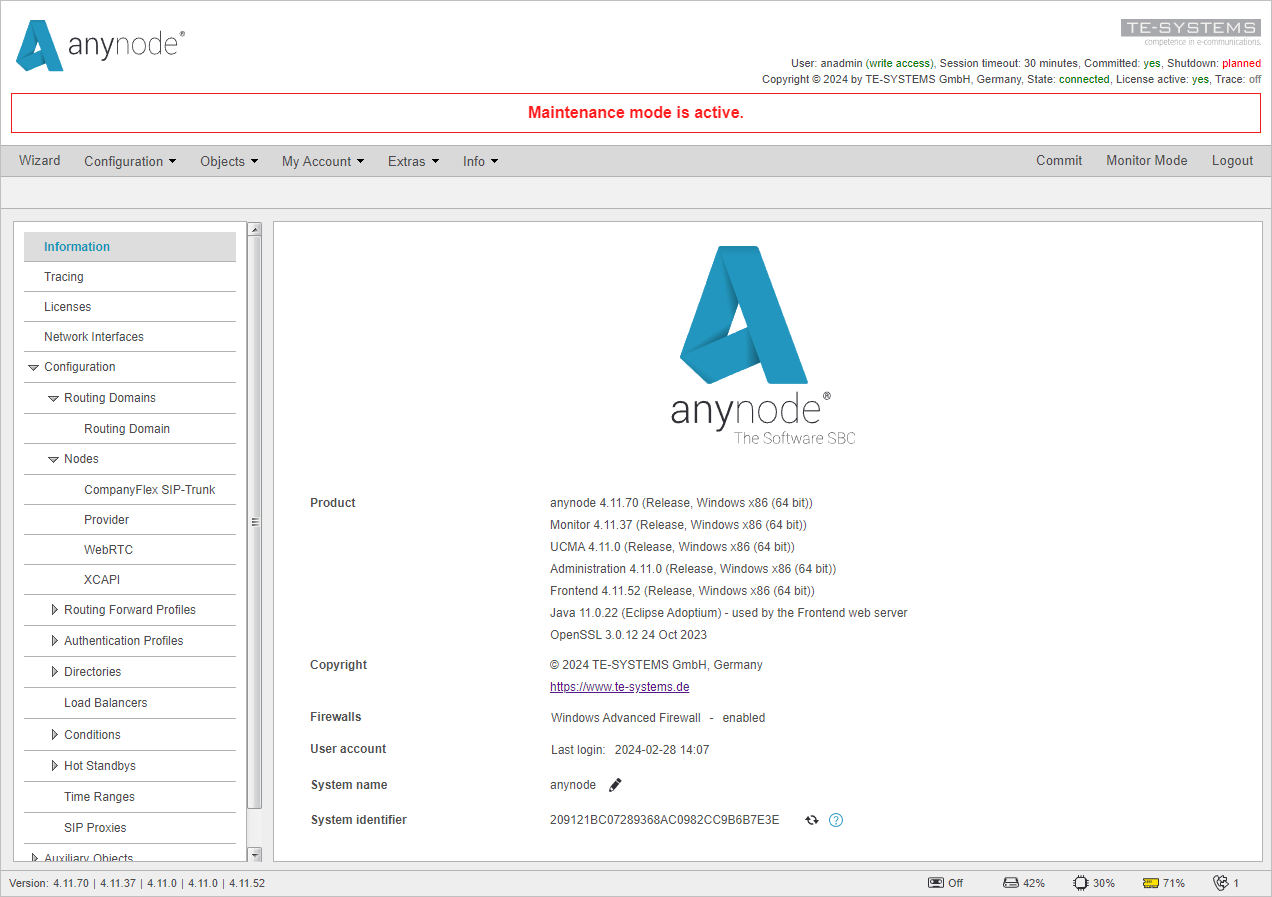 Screenshot: anynode frontend in configuration mode in maintenance mode with planned shutdown