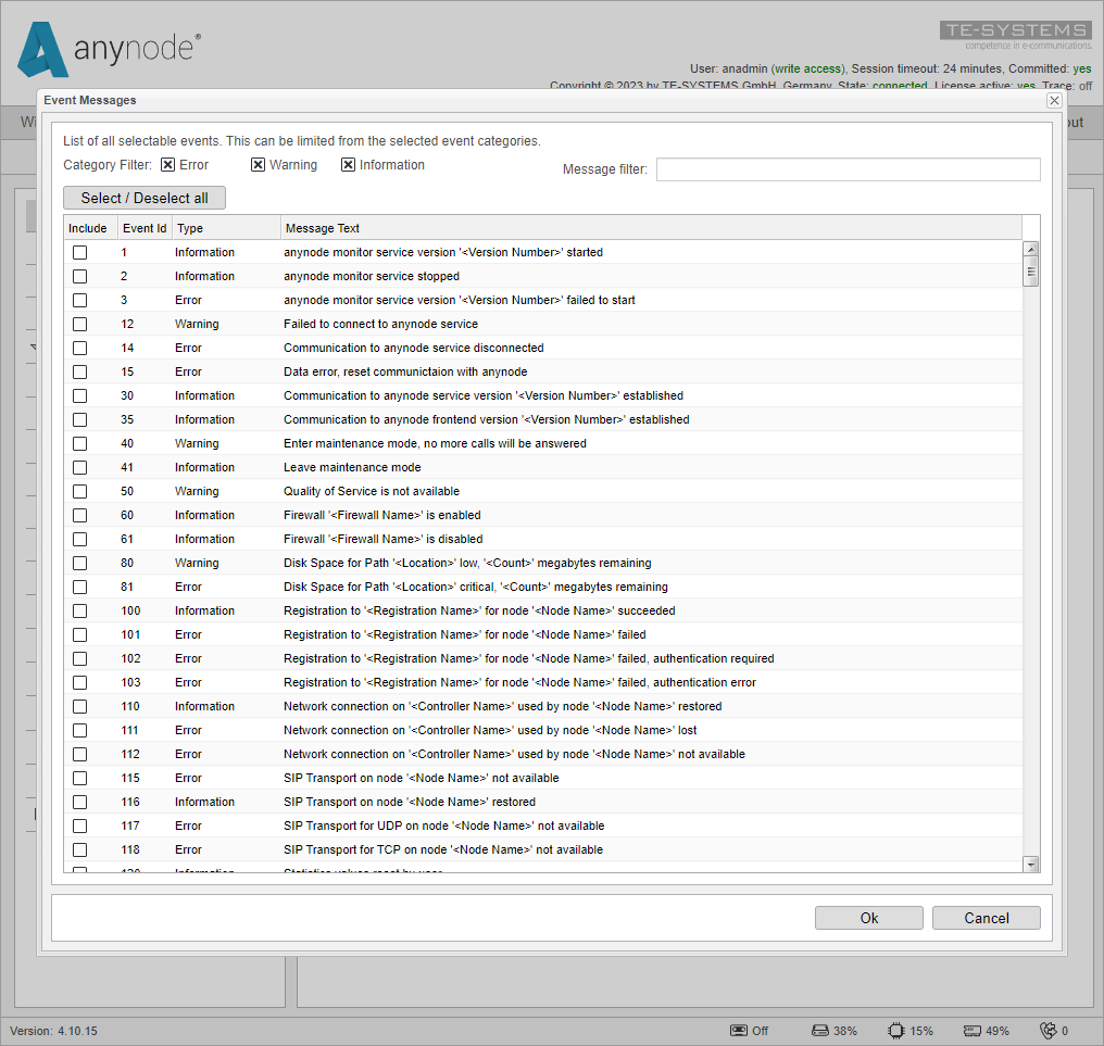 Screenshot: anynode frontend in configuration mode inclduding and excluding events