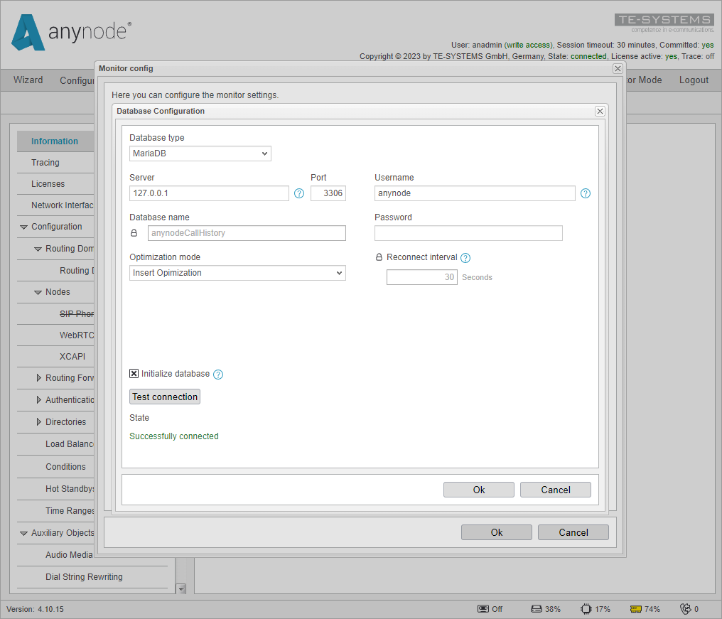 Screenshot: anynode frontend in configuration mode mariadb settings