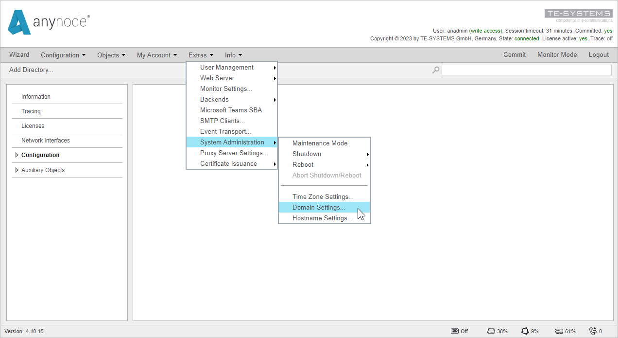 Screenshot: anynode frontend in configuration mode open domain settings