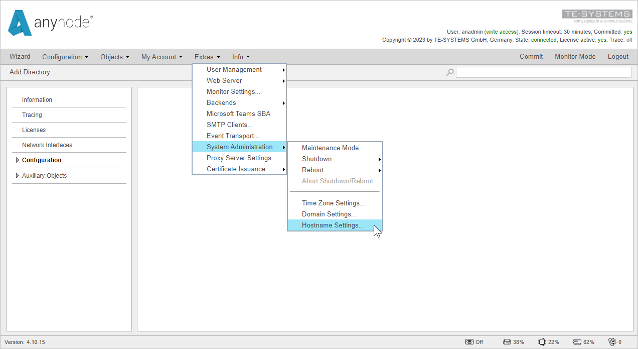 Screenshot: anynode frontend in configuration mode open hostname settings