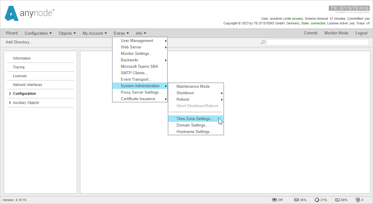 Screenshot: anynode frontend in configuration mode open time zone settings