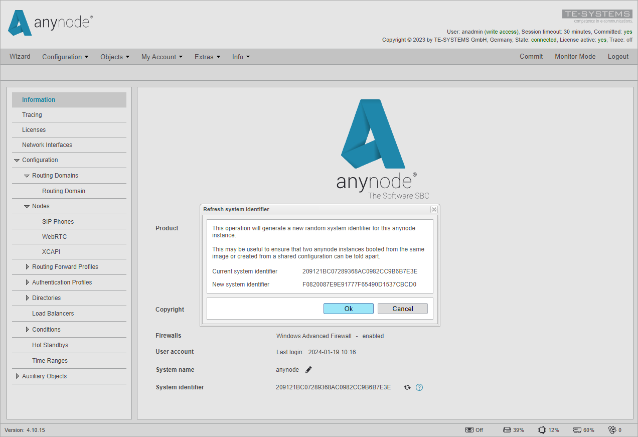 Screenshot: anynode frontend in configuration mode refresh system identifier confirmation