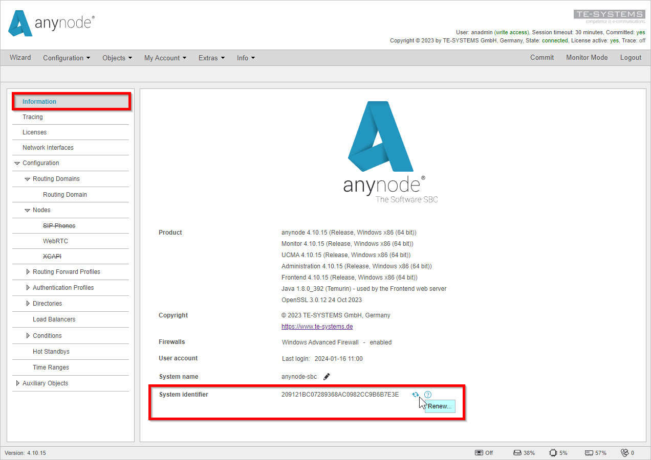 Screenshot: anynode frontend in configuration mode renew system identifier