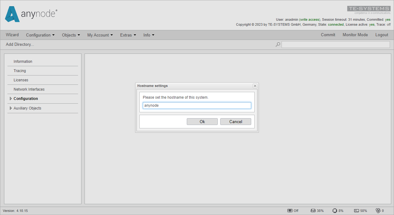 Screenshot: anynode frontend in configuration mode showing hostname settings