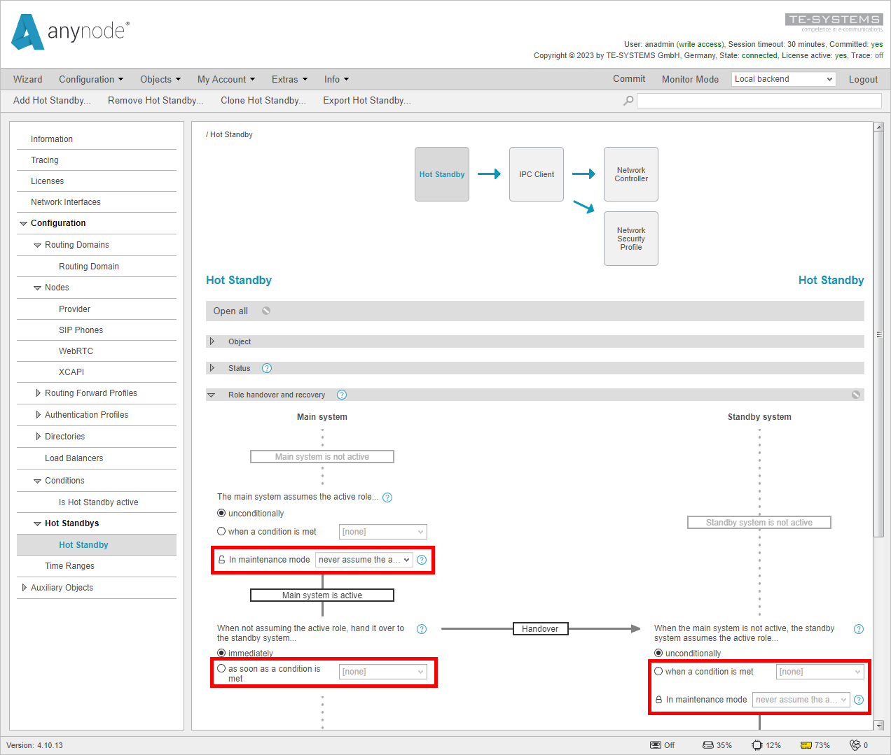 Screenshot: anynode frontend in configuration mode showing hot standby settings associated with maintenance mode