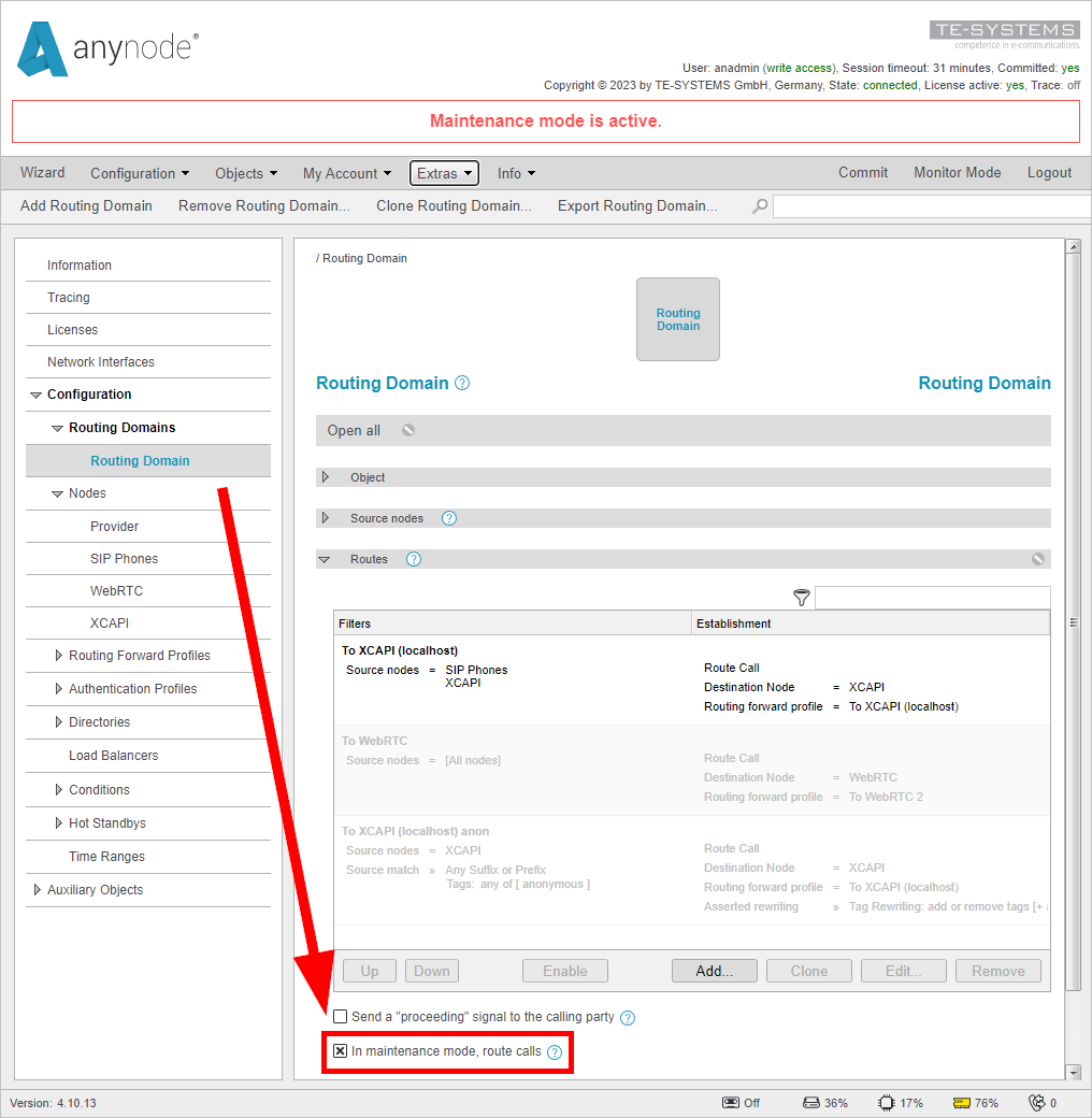 Screenshot: anynode frontend in configuration mode showing how to route calls in maintenance mode