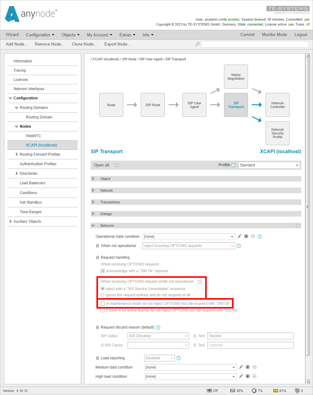 Screenshot: anynode frontend in configuration mode showing how to alter options handling