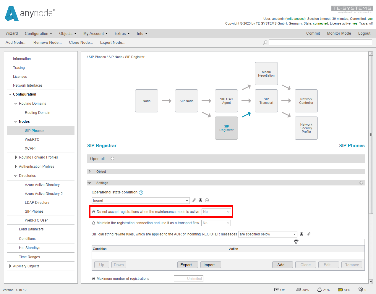 Screenshot: anynode frontend in configuration mode showing setting for behavior of registrar during maintenance mode