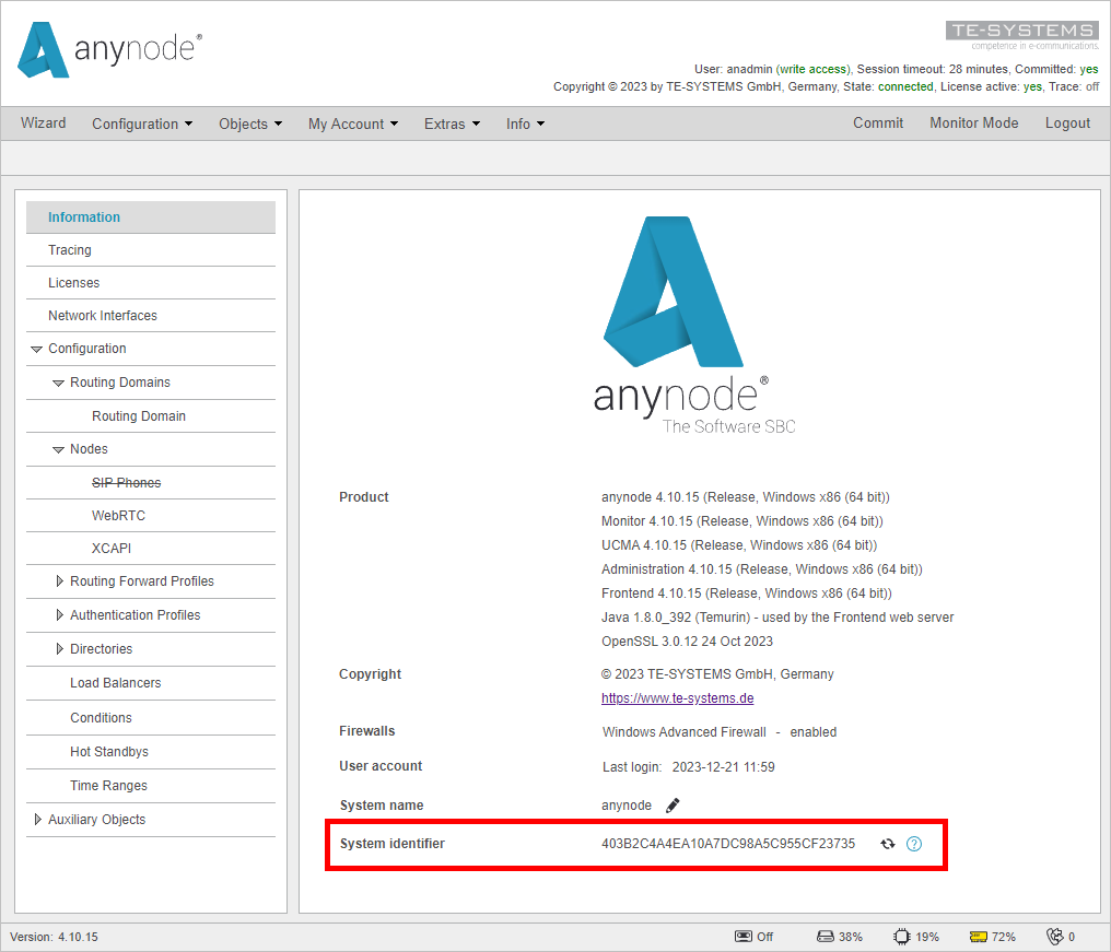 Screenshot: anynode frontend in configuration mode system identifier