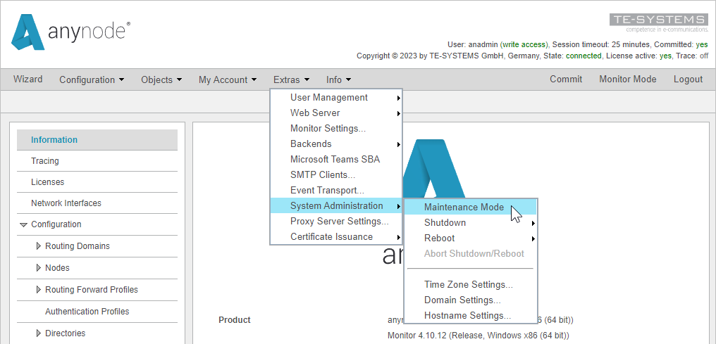 Screenshot: anynode frontend in configuration mode with maintenance mode