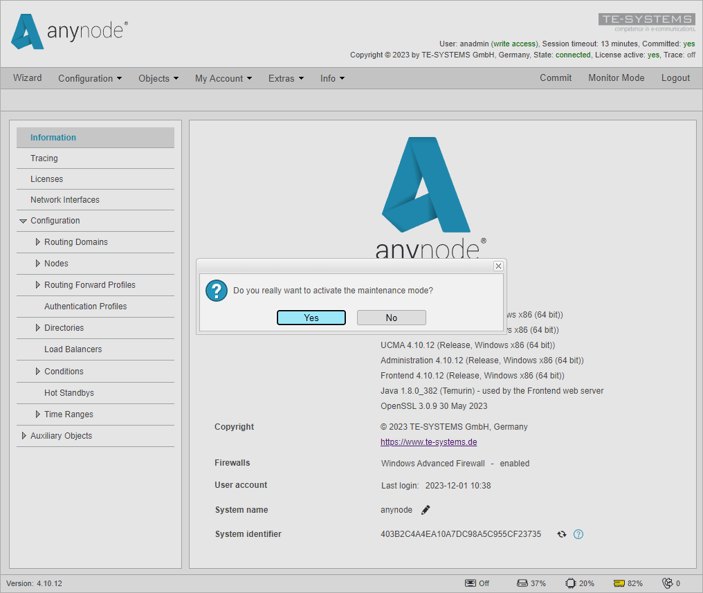 Screenshot: anynode frontend in configuration mode with maintenance mode security question