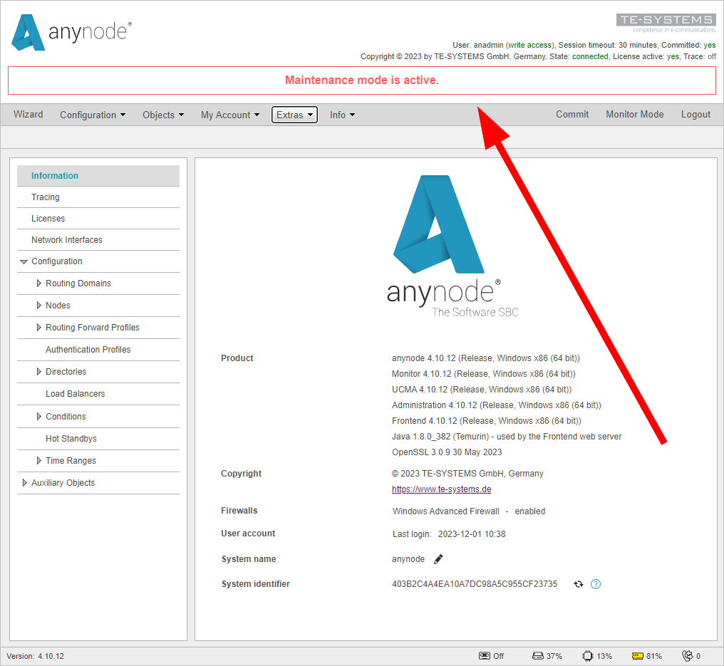 Screenshot: anynode frontend in configuration mode with maintenance mode turned on with notification banner