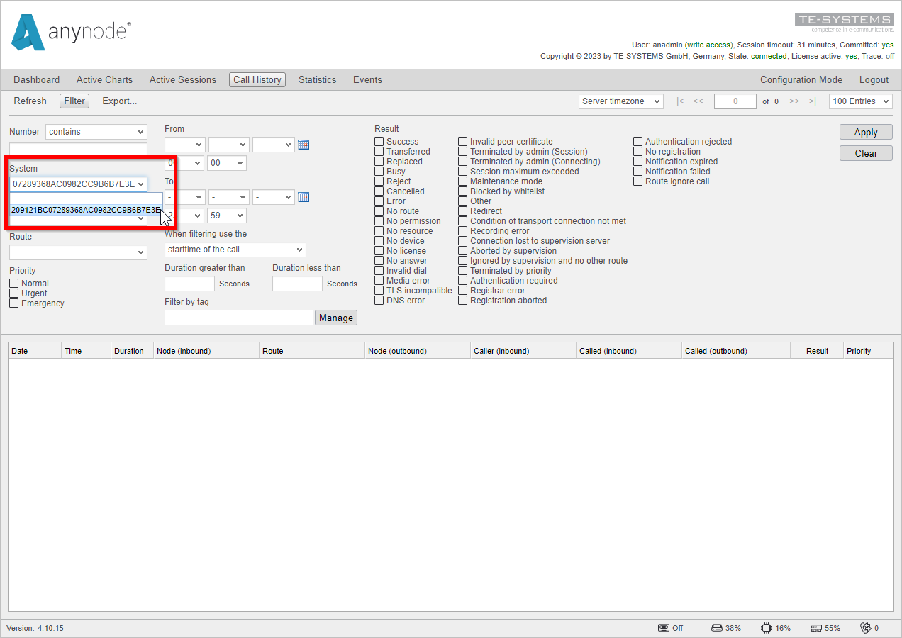 Screenshot: anynode frontend in monitor mode filter call history by system identifier