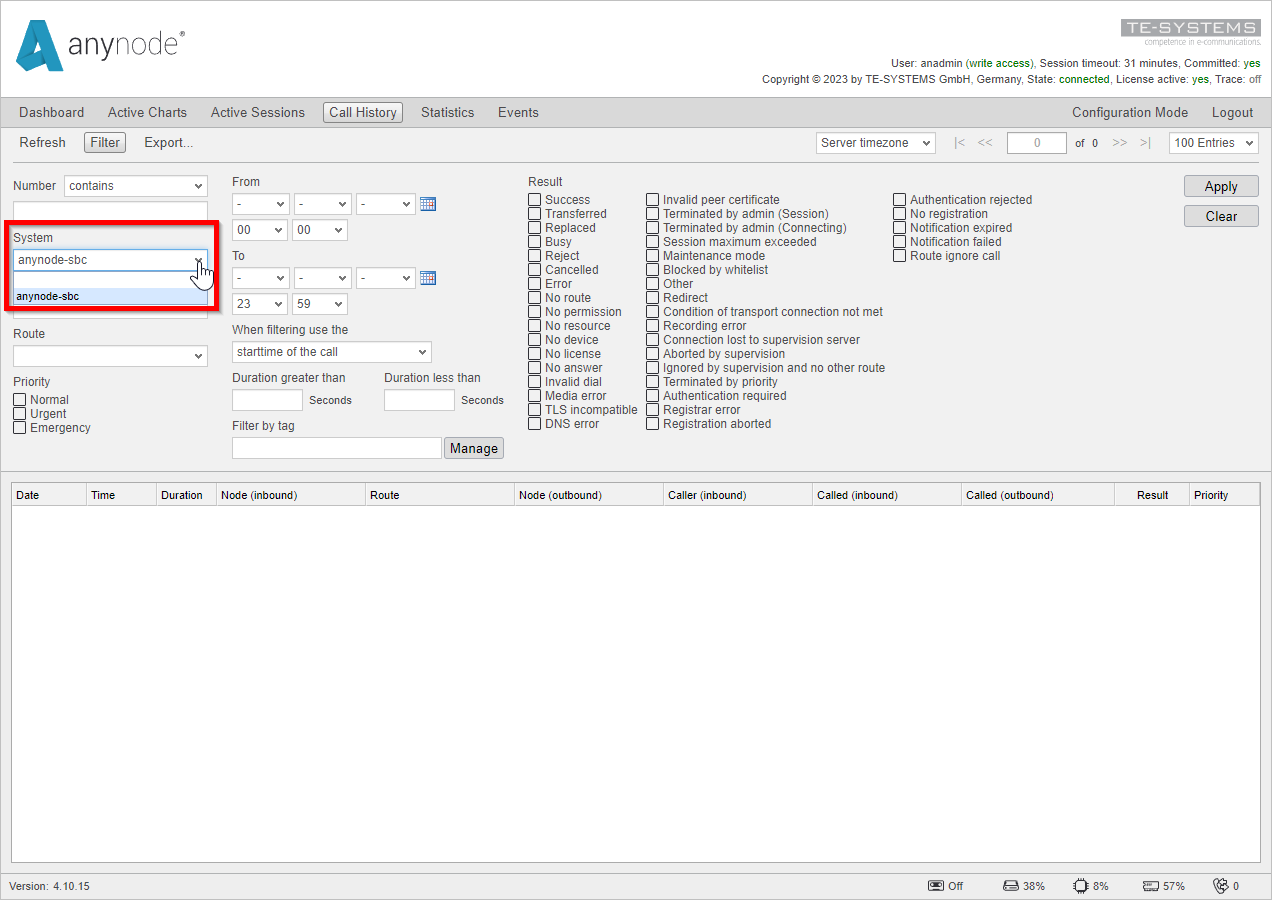 Screenshot: anynode frontend in monitor mode filter call history by system name