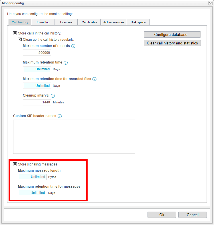 Screenshot: anynode frontend in monitor settings activating the option to store signaling messages