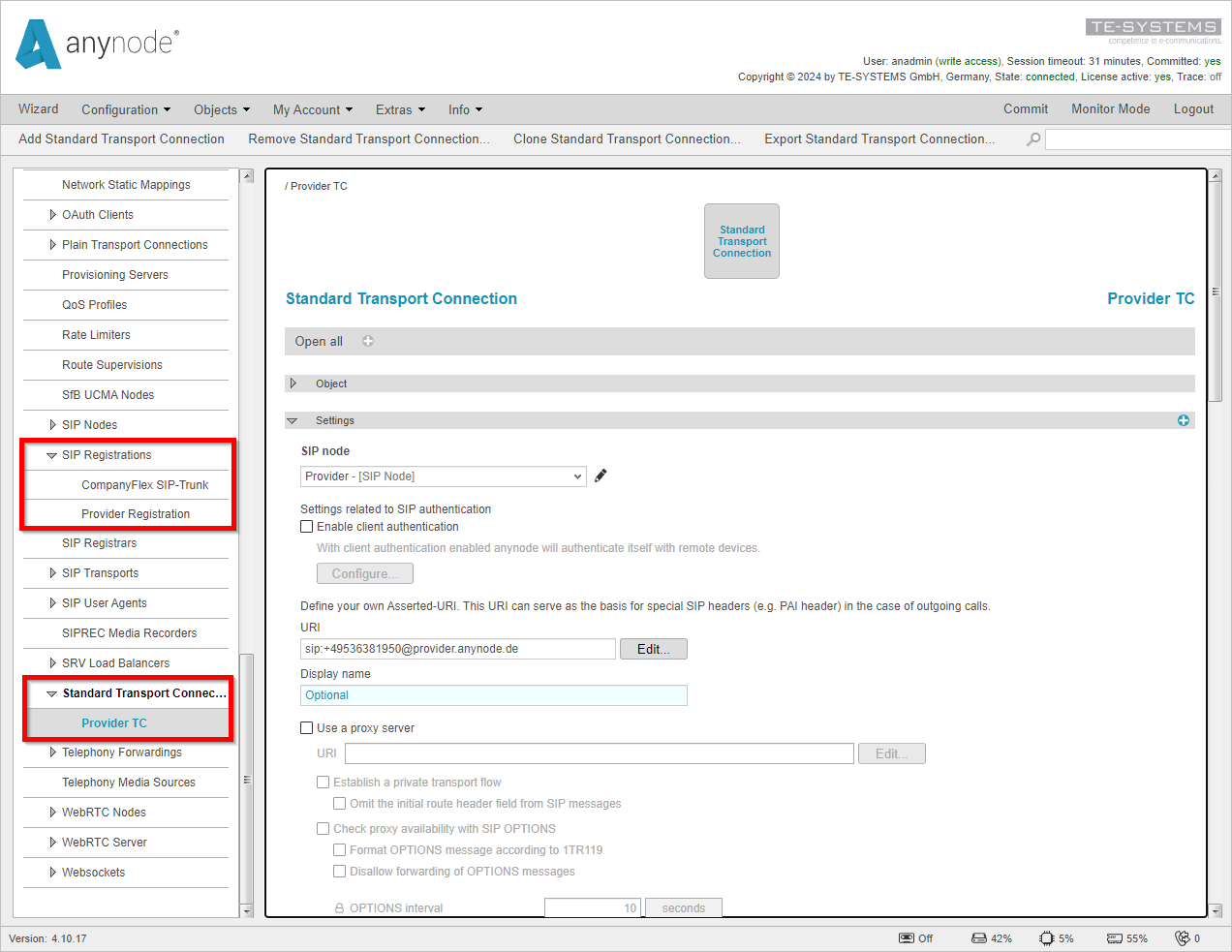 Screenshot: anynode frontend locate SIP Registrations and Standard Transport Connections under Auxiliary Objects