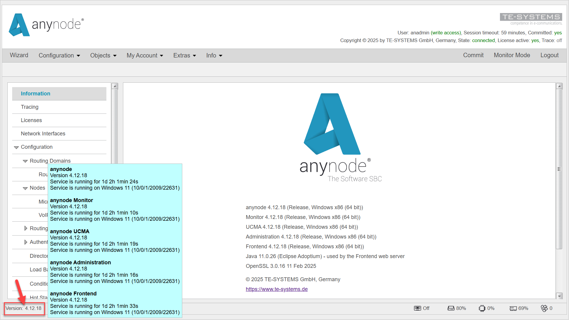Screenshot: anynode frontend main menu with version number and mouse over effect for anynode services. 
