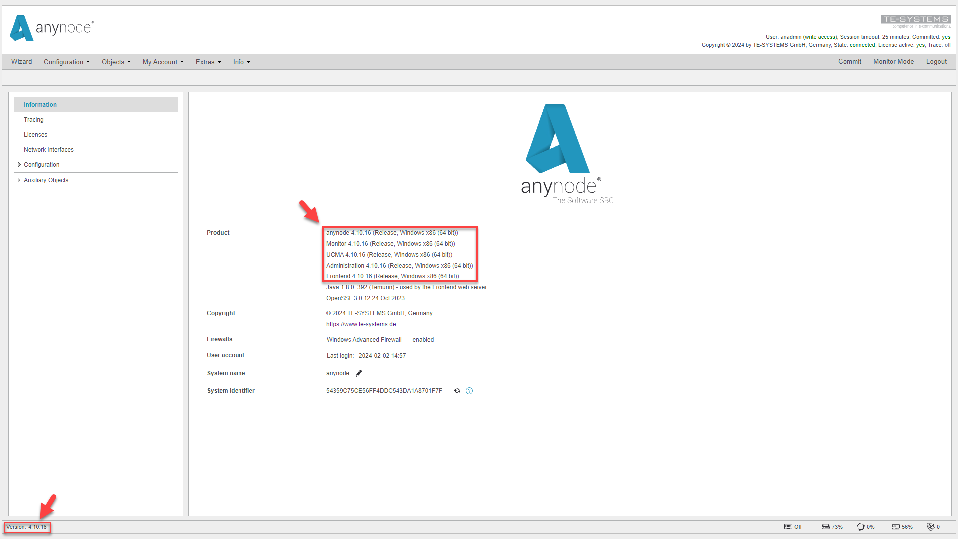 Screenshot: anynode frontend main view with release numbers in anynode – The Software SBC.