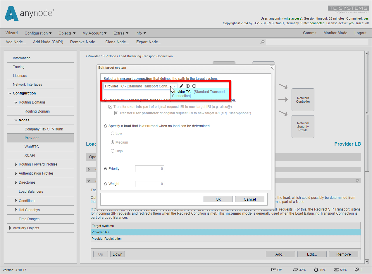 Screenshot: anynode frontend selecting transport connections for target systems