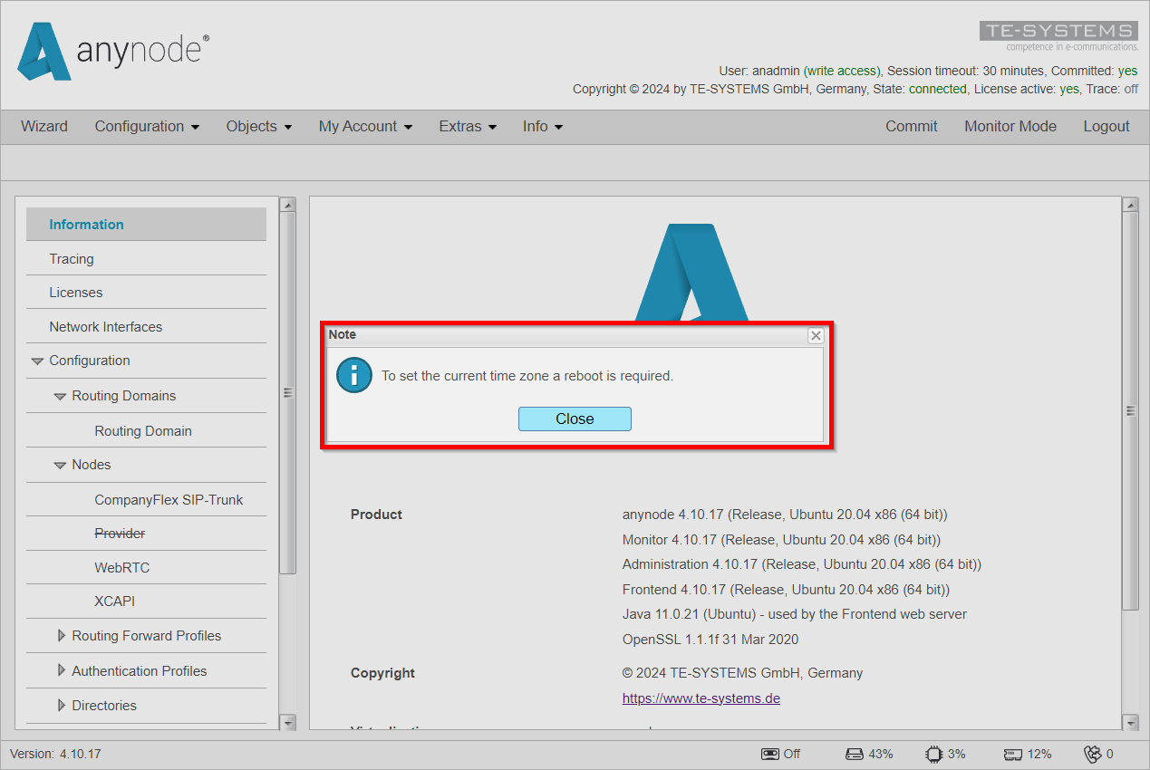 Screenshot: anynode frontend showing a note that a reboot after a time zone change is required