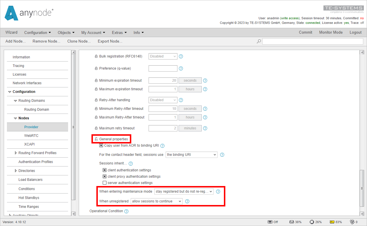 Screenshot: anynode frontend showing settings for registration and session behavior of nodes during maintenance mode