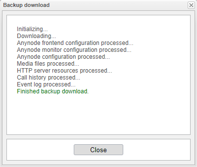 Screenshot: anynode frontend with backup download window.