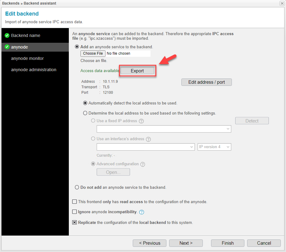 Screenshot: anynode frontend with configuration backend assistant and export IPC file function.