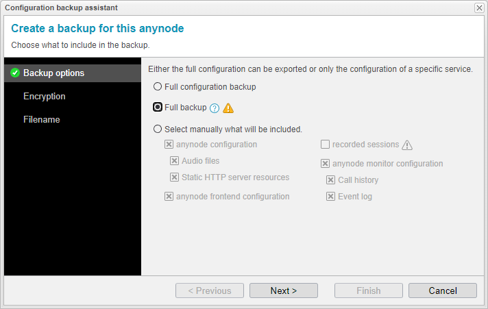 Screenshot: anynode frontend with configuration backup assistant and backup options.