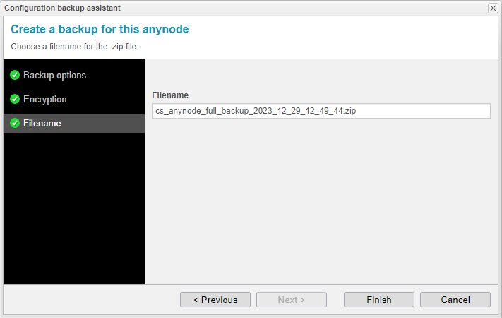 Screenshot: anynode frontend with configuration backup assistant and filename setting.