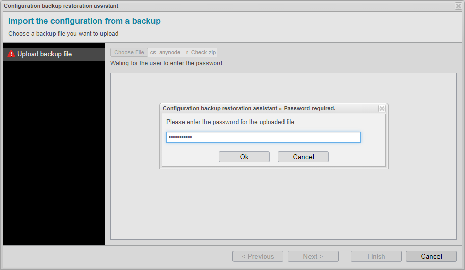 Screenshot: anynode frontend with configuration backup restoration assistant and password prompt.