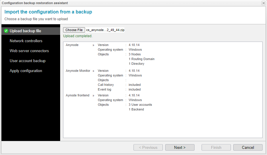 Screenshot: anynode frontend with configuration backup restoration assistant and upload overview.