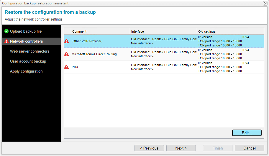 Screenshot: anynode frontend with configuration backup restoration assistant and network controller's overview.