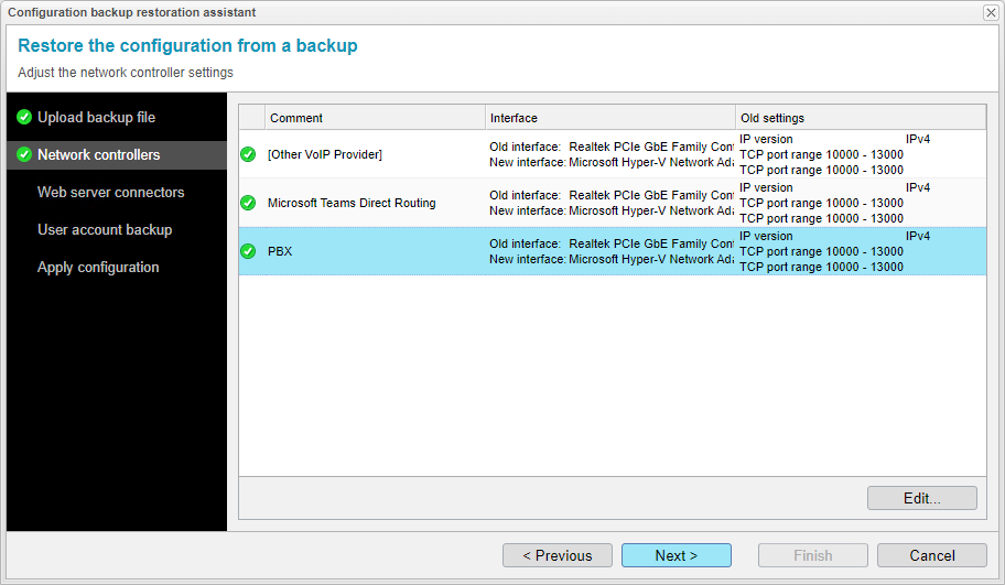 Screenshot: anynode frontend with configuration backup restoration assistant and overview of the adjusted network controllers.