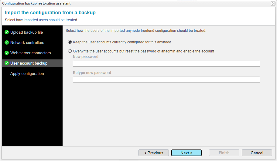 Screenshot: anynode frontend with configuration backup restoration assistant and user account backup settings