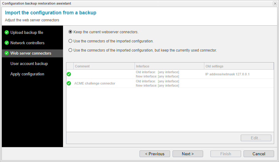 Screenshot: anynode frontend with configuration backup restoration assistant and web server connectors settings.