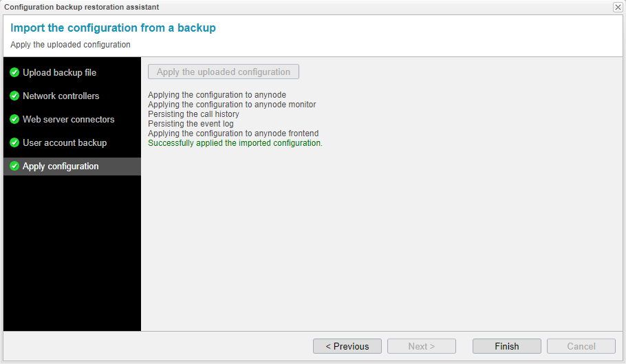 Screenshot: anynode frontend with configuration backup restoration assistant and button to apply the uploaded configuration. 