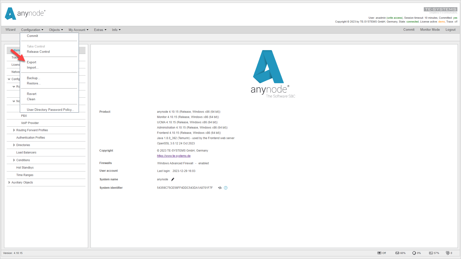 Screenshot: anynode frontend with export configuration function.