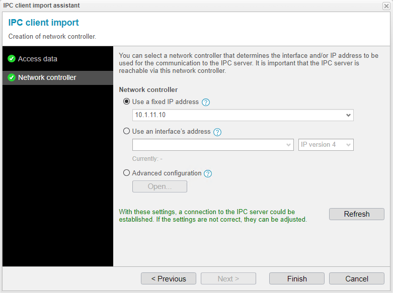 Screenshot: anynode frontend with hot standby and IPC client import assistant network controller settings.