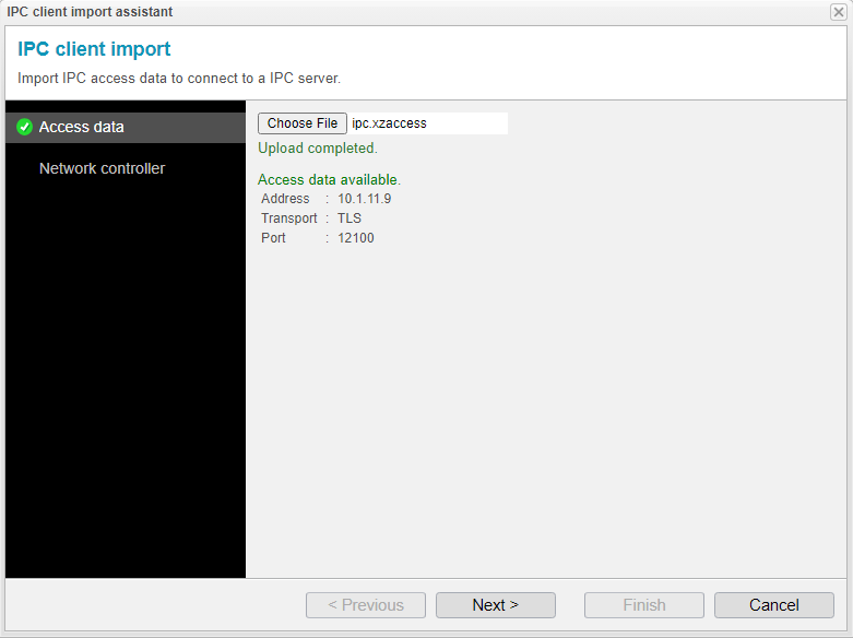 Screenshot: anynode frontend with hot standby and IPC client import assistant network controller settings.