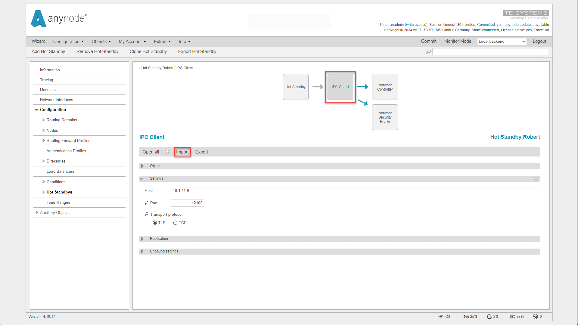 Screenshot: anynode frontend with hot standby and IPC client object.