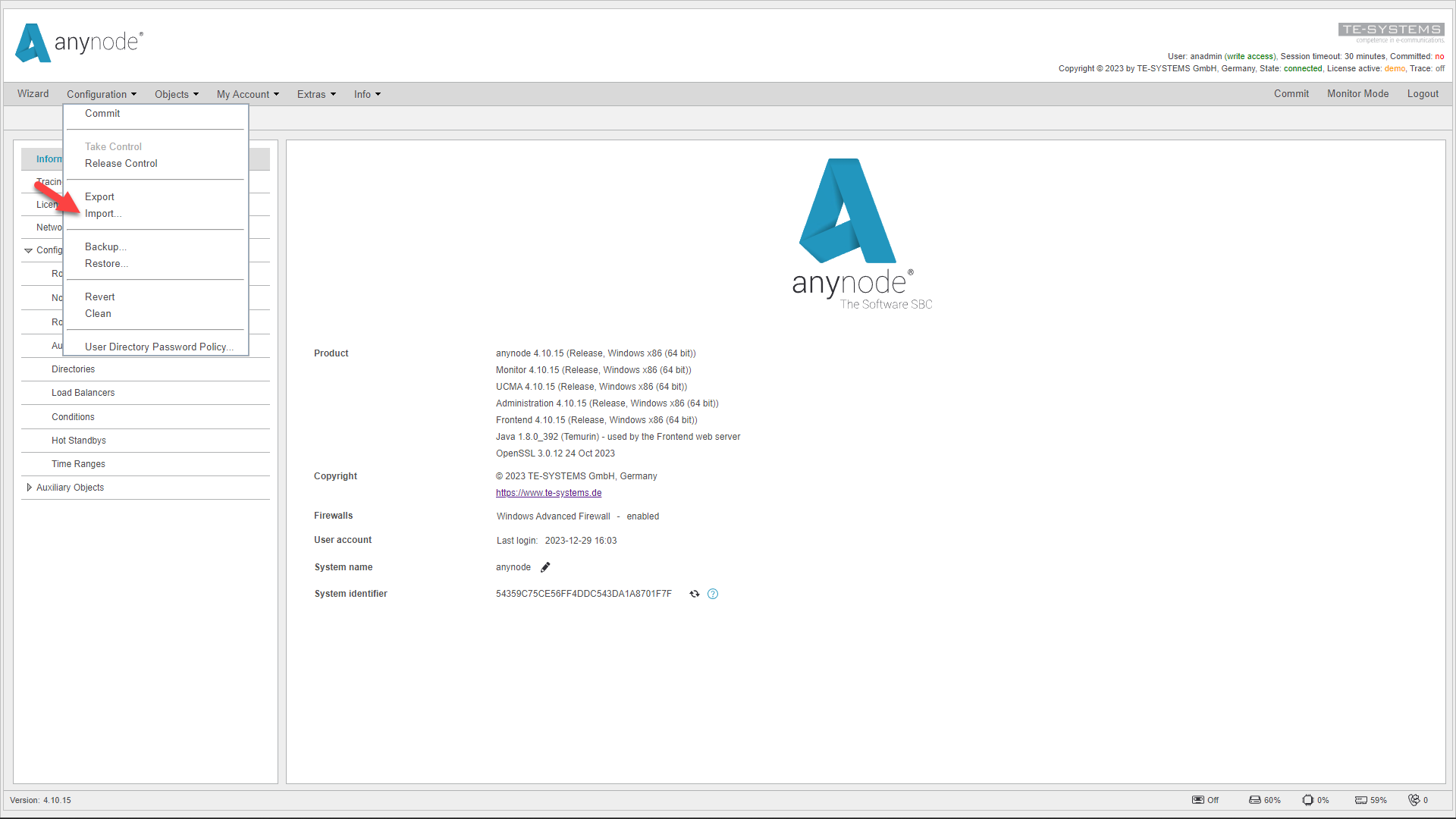 Screenshot: anynode frontend with import configuration function.